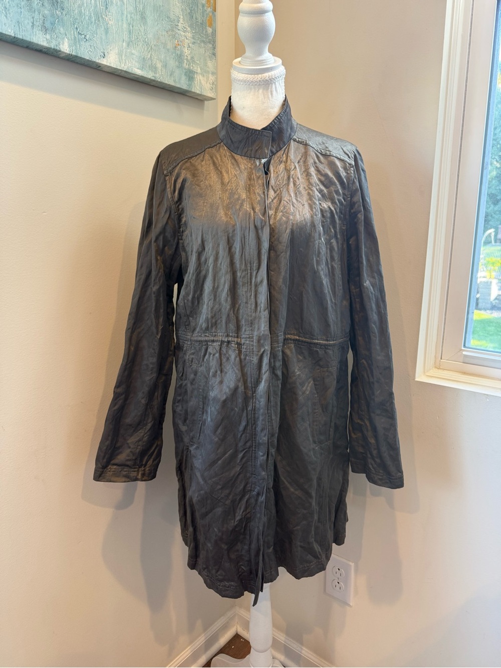 Eileen Fisher Slate Black Metallic Crinkle Steel Satin Duster Jacket